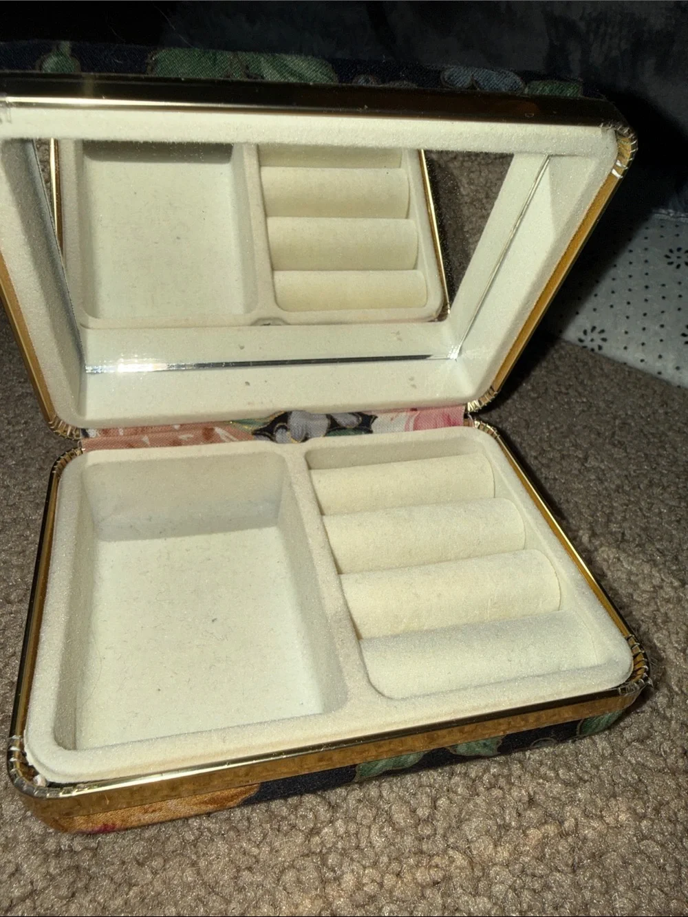Floral Jewelry Organizer Box with Mirror - Cream Interior, Gold Trim